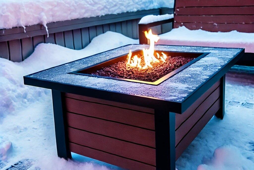 A beautiful wooden fire pit table outside in the snow.