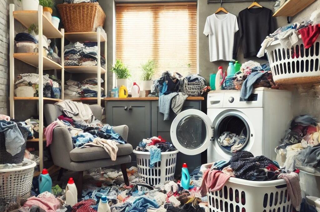 An incredibly messy laundry room with clothes, detergent bottles, and supplies scattered everywhere, showing the need for better laundry room storage solutions.