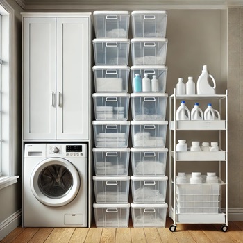 A perfectly organized laundry room featuring clear bins, a rolling cart, and a cupboard for superior organization, showcasing ideal laundry room storage solutions.