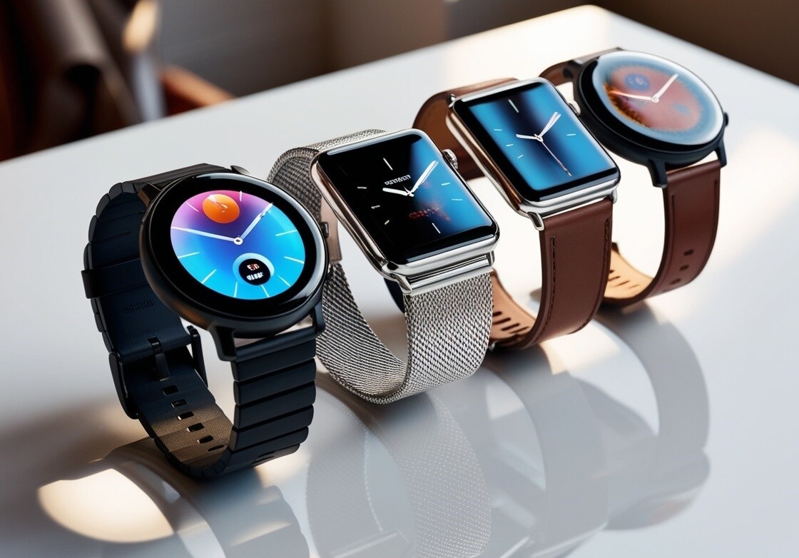 Four elegant smart watches are neatly lined up in a row on a white countertop, each featuring sleek designs with different bands and displays.