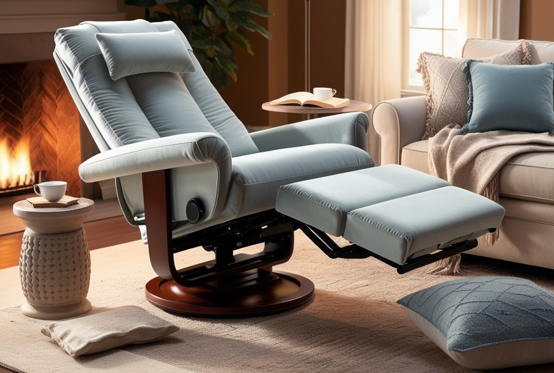 A light gray sleeper chair with a dark wooden base sits in front of a fireplace.