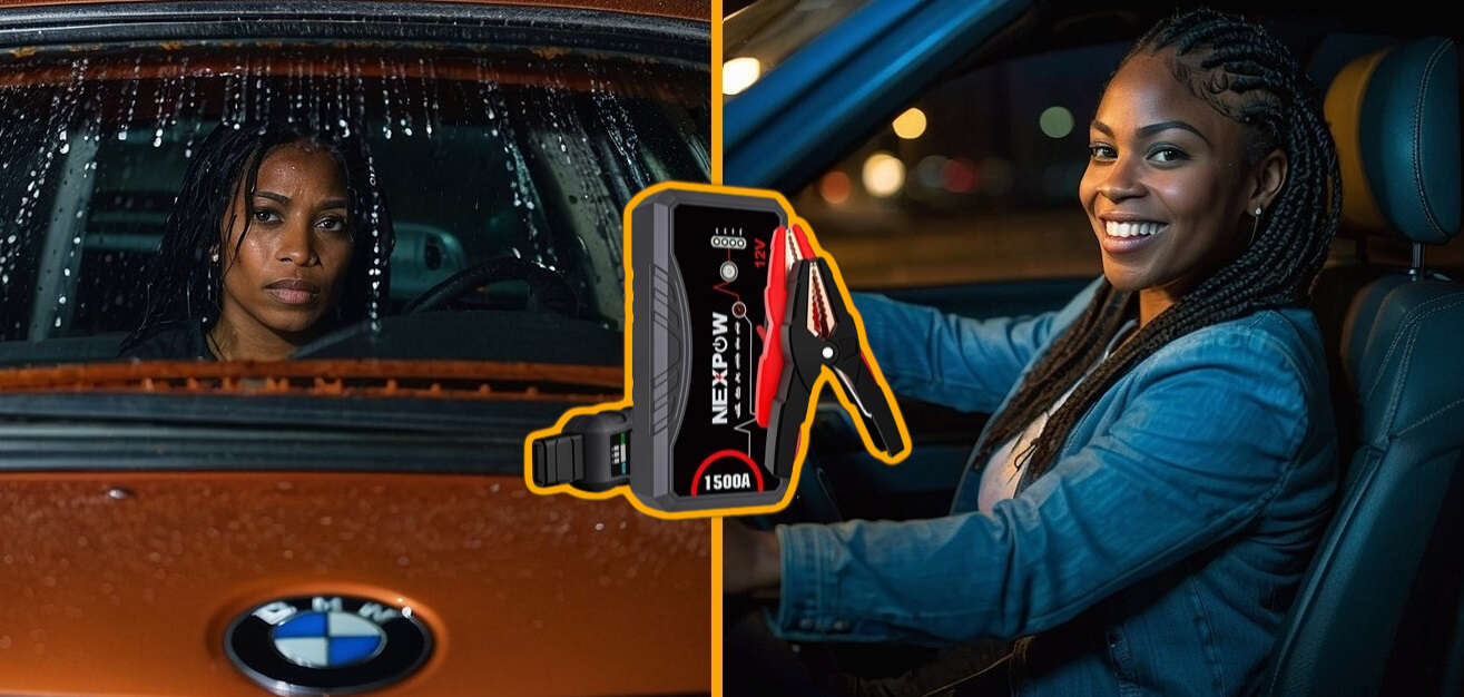 Two women in contrasting situations: one sits dejected in her car, stranded in the rain at night, while the other smiles confidently in her car after quickly jump-starting it with the Nexpow car jump starter.